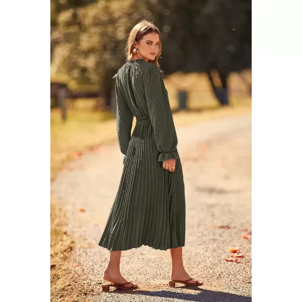 imagePRETTYGARDEN Womens 2024 Fall Midi Dress Casual Long Sleeve V Neck Swiss Dot Pleated A Line Flowy DressesArmy Green