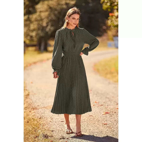 imagePRETTYGARDEN Womens 2024 Fall Midi Dress Casual Long Sleeve V Neck Swiss Dot Pleated A Line Flowy DressesArmy Green