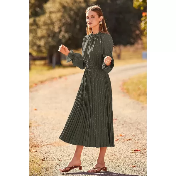 imagePRETTYGARDEN Womens 2024 Fall Midi Dress Casual Long Sleeve V Neck Swiss Dot Pleated A Line Flowy DressesArmy Green