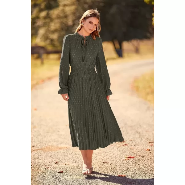 imagePRETTYGARDEN Womens 2024 Fall Midi Dress Casual Long Sleeve V Neck Swiss Dot Pleated A Line Flowy DressesArmy Green