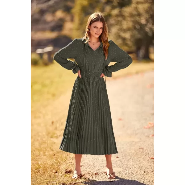 imagePRETTYGARDEN Womens 2024 Fall Midi Dress Casual Long Sleeve V Neck Swiss Dot Pleated A Line Flowy DressesArmy Green
