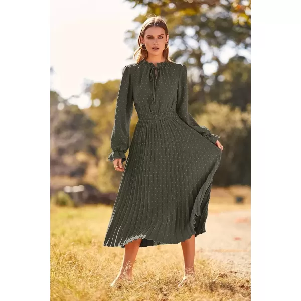 imagePRETTYGARDEN Womens 2024 Fall Midi Dress Casual Long Sleeve V Neck Swiss Dot Pleated A Line Flowy DressesArmy Green