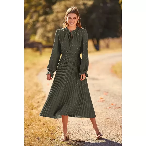 imagePRETTYGARDEN Womens 2024 Fall Midi Dress Casual Long Sleeve V Neck Swiss Dot Pleated A Line Flowy DressesArmy Green