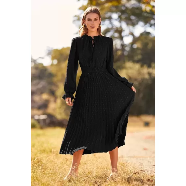 imagePRETTYGARDEN Womens 2024 Fall Midi Dress Casual Long Sleeve V Neck Swiss Dot Pleated A Line Flowy DressesBlack