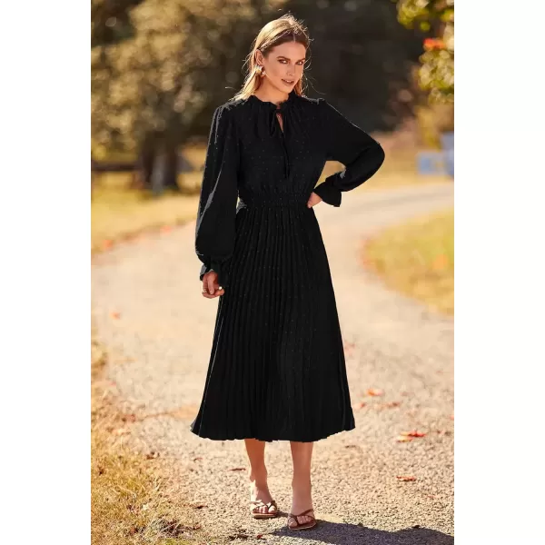 imagePRETTYGARDEN Womens 2024 Fall Midi Dress Casual Long Sleeve V Neck Swiss Dot Pleated A Line Flowy DressesBlack