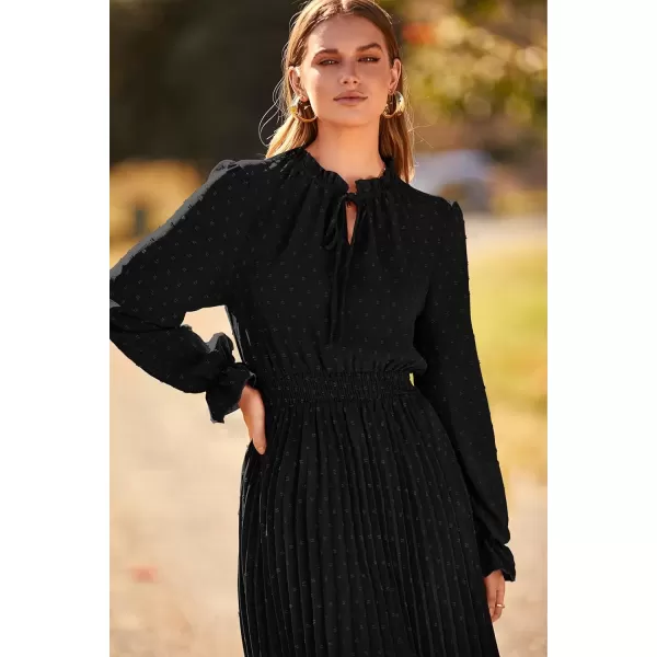 imagePRETTYGARDEN Womens 2024 Fall Midi Dress Casual Long Sleeve V Neck Swiss Dot Pleated A Line Flowy DressesBlack