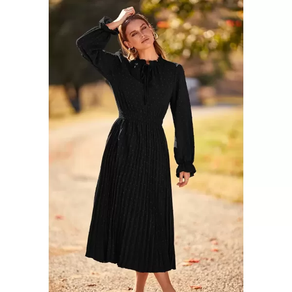 imagePRETTYGARDEN Womens 2024 Fall Midi Dress Casual Long Sleeve V Neck Swiss Dot Pleated A Line Flowy DressesBlack