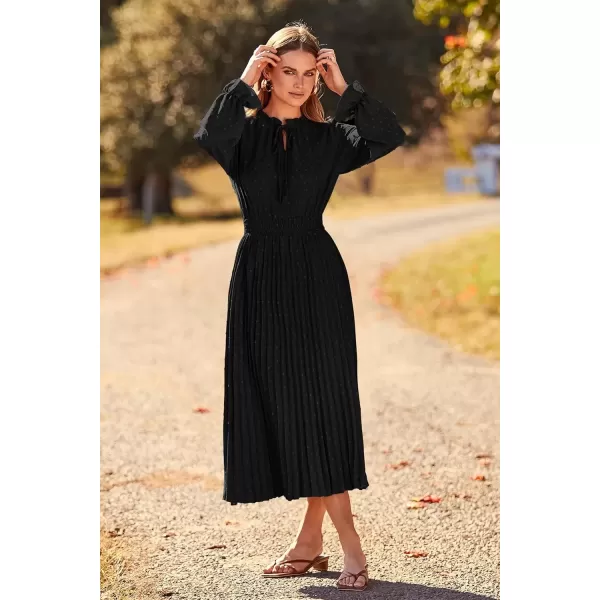 imagePRETTYGARDEN Womens 2024 Fall Midi Dress Casual Long Sleeve V Neck Swiss Dot Pleated A Line Flowy DressesBlack