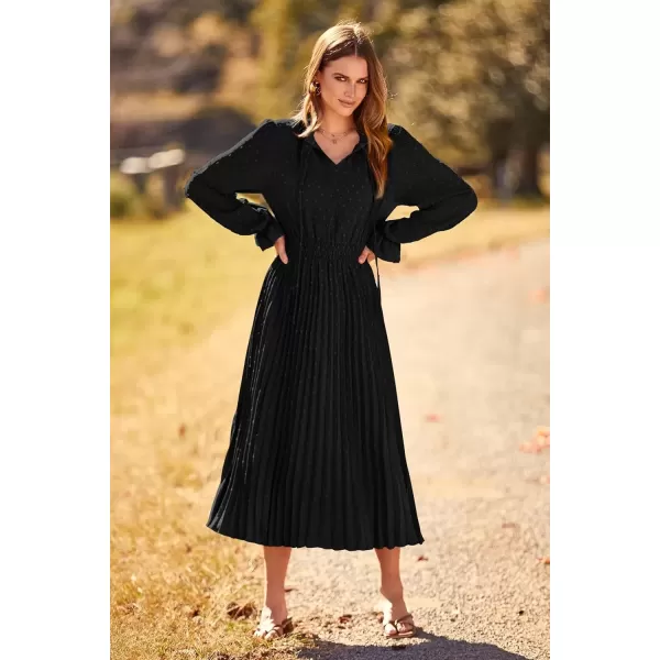 imagePRETTYGARDEN Womens 2024 Fall Midi Dress Casual Long Sleeve V Neck Swiss Dot Pleated A Line Flowy DressesBlack