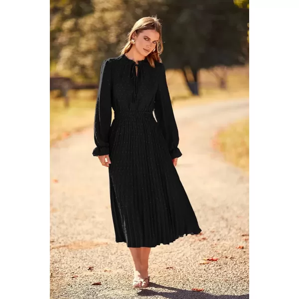 imagePRETTYGARDEN Womens 2024 Fall Midi Dress Casual Long Sleeve V Neck Swiss Dot Pleated A Line Flowy DressesBlack