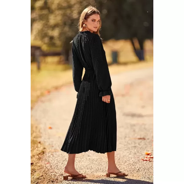 imagePRETTYGARDEN Womens 2024 Fall Midi Dress Casual Long Sleeve V Neck Swiss Dot Pleated A Line Flowy DressesBlack