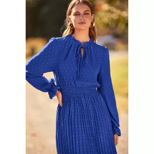 imagePRETTYGARDEN Womens 2024 Fall Midi Dress Casual Long Sleeve V Neck Swiss Dot Pleated A Line Flowy DressesBlue