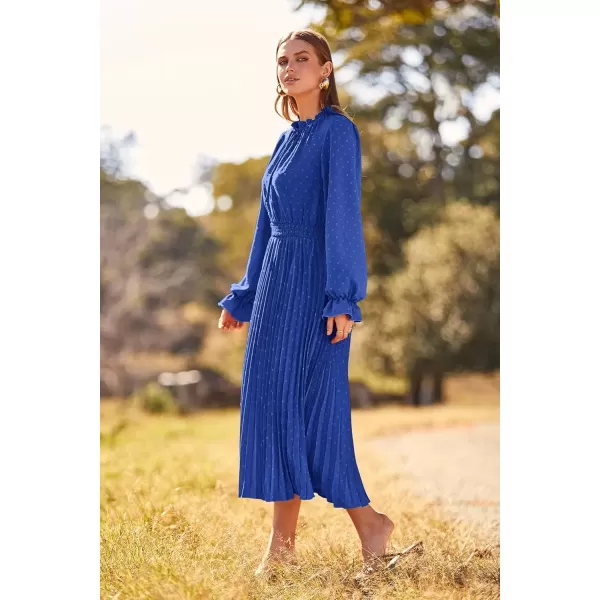 imagePRETTYGARDEN Womens 2024 Fall Midi Dress Casual Long Sleeve V Neck Swiss Dot Pleated A Line Flowy DressesBlue