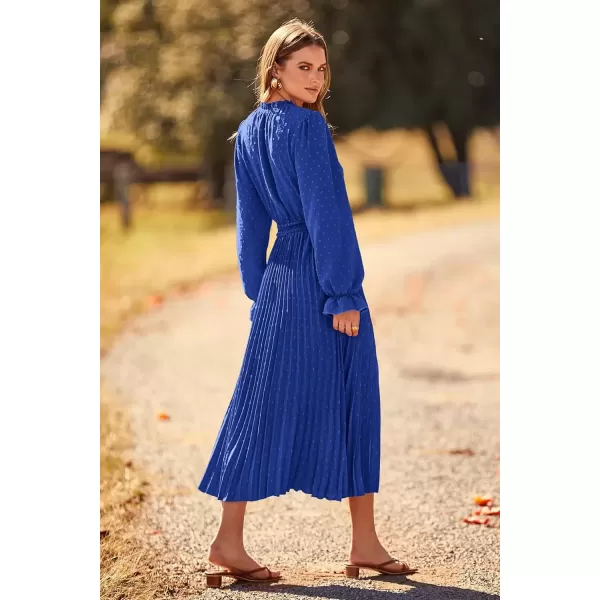 imagePRETTYGARDEN Womens 2024 Fall Midi Dress Casual Long Sleeve V Neck Swiss Dot Pleated A Line Flowy DressesBlue
