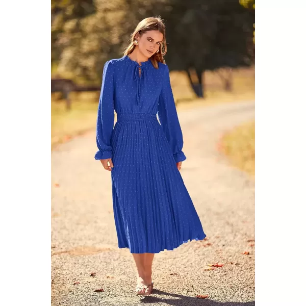 imagePRETTYGARDEN Womens 2024 Fall Midi Dress Casual Long Sleeve V Neck Swiss Dot Pleated A Line Flowy DressesBlue