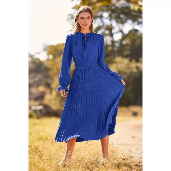 imagePRETTYGARDEN Womens 2024 Fall Midi Dress Casual Long Sleeve V Neck Swiss Dot Pleated A Line Flowy DressesBlue