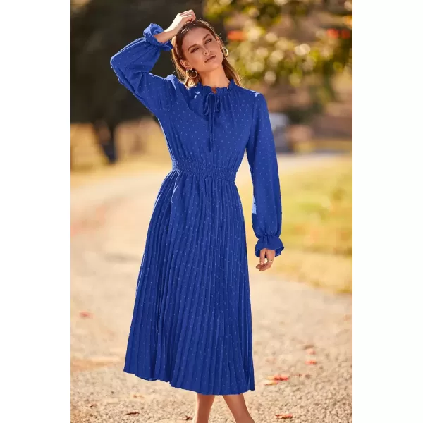 imagePRETTYGARDEN Womens 2024 Fall Midi Dress Casual Long Sleeve V Neck Swiss Dot Pleated A Line Flowy DressesBlue