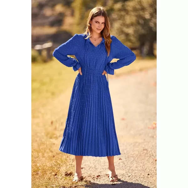 imagePRETTYGARDEN Womens 2024 Fall Midi Dress Casual Long Sleeve V Neck Swiss Dot Pleated A Line Flowy DressesBlue