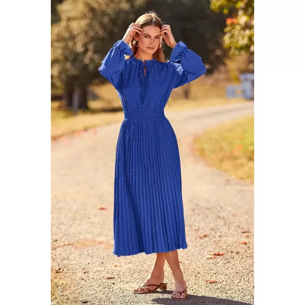 imagePRETTYGARDEN Womens 2024 Fall Midi Dress Casual Long Sleeve V Neck Swiss Dot Pleated A Line Flowy DressesBlue