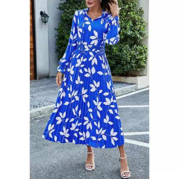 imagePRETTYGARDEN Womens 2024 Fall Midi Dress Casual Long Sleeve V Neck Swiss Dot Pleated A Line Flowy DressesBlue Leaves