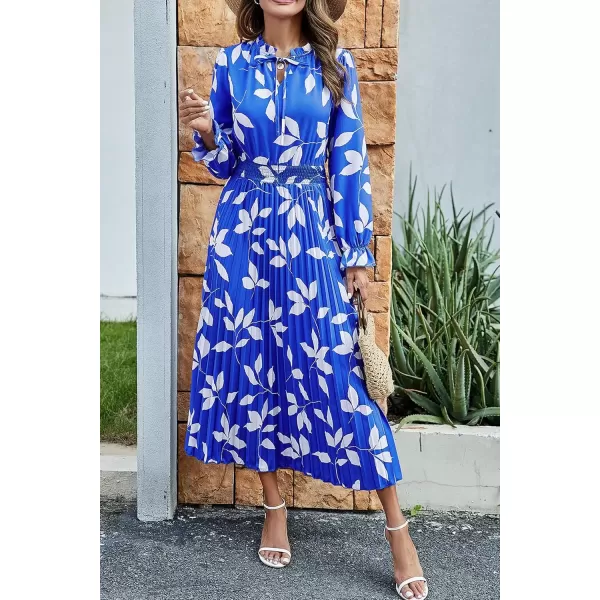 imagePRETTYGARDEN Womens 2024 Fall Midi Dress Casual Long Sleeve V Neck Swiss Dot Pleated A Line Flowy DressesBlue Leaves