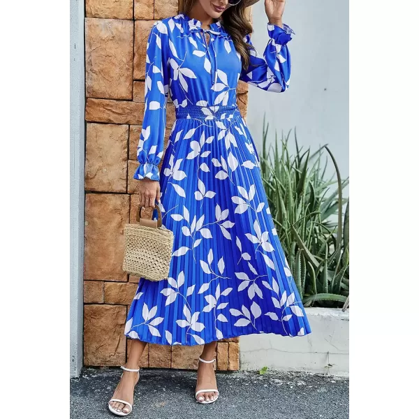 imagePRETTYGARDEN Womens 2024 Fall Midi Dress Casual Long Sleeve V Neck Swiss Dot Pleated A Line Flowy DressesBlue Leaves