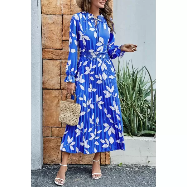 imagePRETTYGARDEN Womens 2024 Fall Midi Dress Casual Long Sleeve V Neck Swiss Dot Pleated A Line Flowy DressesBlue Leaves