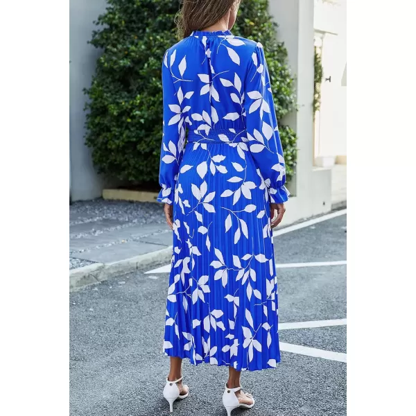 imagePRETTYGARDEN Womens 2024 Fall Midi Dress Casual Long Sleeve V Neck Swiss Dot Pleated A Line Flowy DressesBlue Leaves