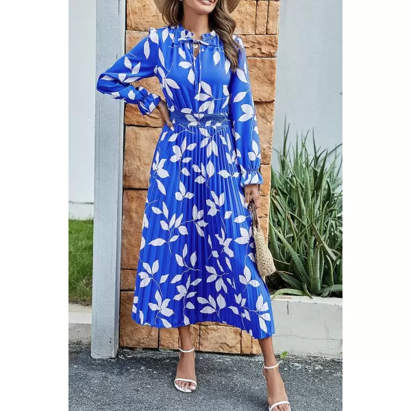 imagePRETTYGARDEN Womens 2024 Fall Midi Dress Casual Long Sleeve V Neck Swiss Dot Pleated A Line Flowy DressesBlue Leaves