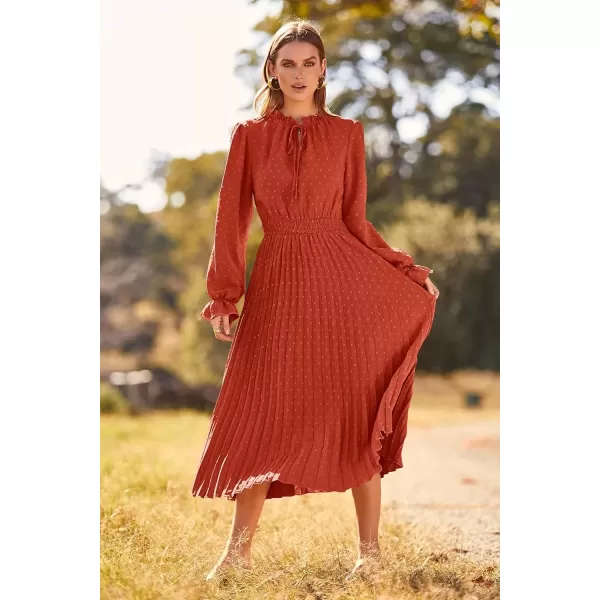 imagePRETTYGARDEN Womens 2024 Fall Midi Dress Casual Long Sleeve V Neck Swiss Dot Pleated A Line Flowy DressesBrick Red