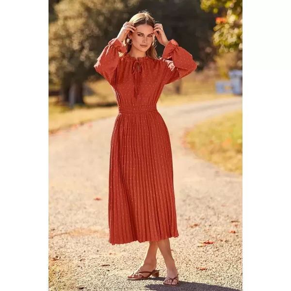 imagePRETTYGARDEN Womens 2024 Fall Midi Dress Casual Long Sleeve V Neck Swiss Dot Pleated A Line Flowy DressesBrick Red