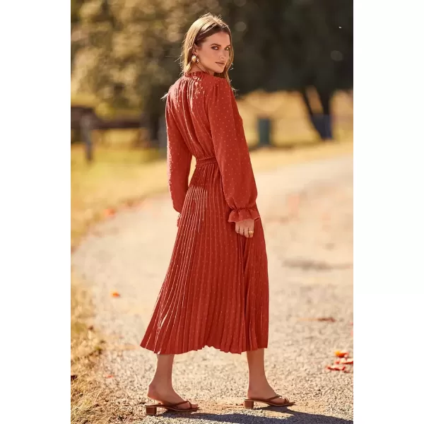 imagePRETTYGARDEN Womens 2024 Fall Midi Dress Casual Long Sleeve V Neck Swiss Dot Pleated A Line Flowy DressesBrick Red