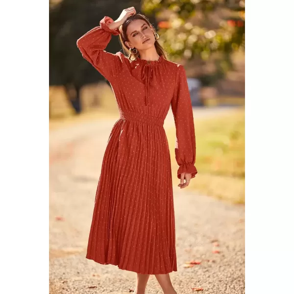 imagePRETTYGARDEN Womens 2024 Fall Midi Dress Casual Long Sleeve V Neck Swiss Dot Pleated A Line Flowy DressesBrick Red