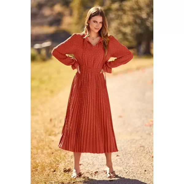 imagePRETTYGARDEN Womens 2024 Fall Midi Dress Casual Long Sleeve V Neck Swiss Dot Pleated A Line Flowy DressesBrick Red
