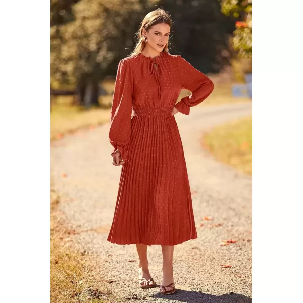 imagePRETTYGARDEN Womens 2024 Fall Midi Dress Casual Long Sleeve V Neck Swiss Dot Pleated A Line Flowy DressesBrick Red