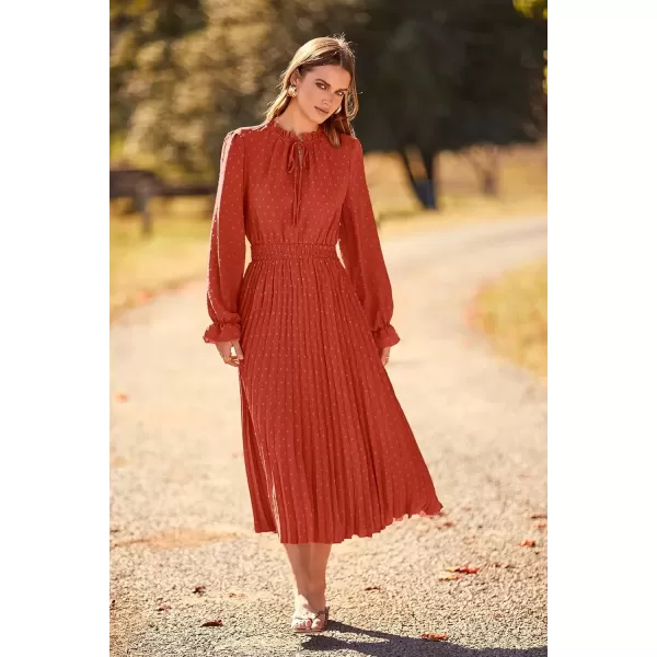 imagePRETTYGARDEN Womens 2024 Fall Midi Dress Casual Long Sleeve V Neck Swiss Dot Pleated A Line Flowy DressesBrick Red