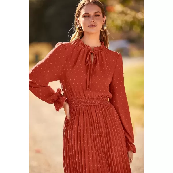imagePRETTYGARDEN Womens 2024 Fall Midi Dress Casual Long Sleeve V Neck Swiss Dot Pleated A Line Flowy DressesBrick Red