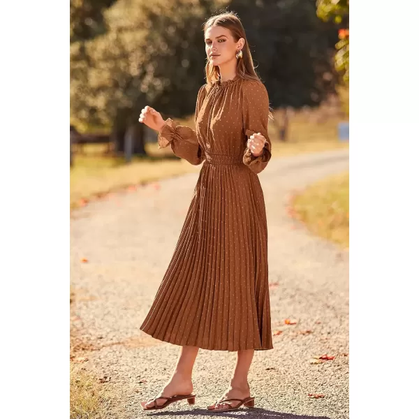 imagePRETTYGARDEN Womens 2024 Fall Midi Dress Casual Long Sleeve V Neck Swiss Dot Pleated A Line Flowy DressesBrown