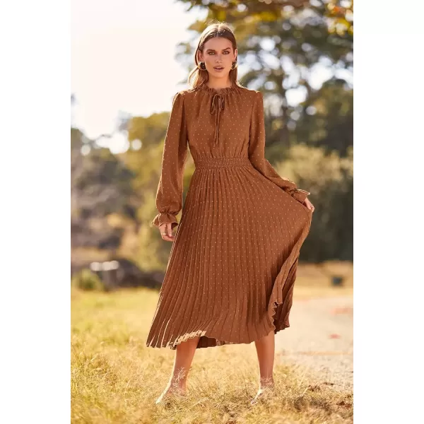 imagePRETTYGARDEN Womens 2024 Fall Midi Dress Casual Long Sleeve V Neck Swiss Dot Pleated A Line Flowy DressesBrown