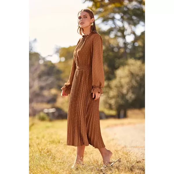 imagePRETTYGARDEN Womens 2024 Fall Midi Dress Casual Long Sleeve V Neck Swiss Dot Pleated A Line Flowy DressesBrown
