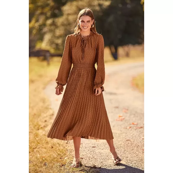 imagePRETTYGARDEN Womens 2024 Fall Midi Dress Casual Long Sleeve V Neck Swiss Dot Pleated A Line Flowy DressesBrown