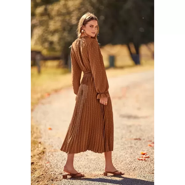 imagePRETTYGARDEN Womens 2024 Fall Midi Dress Casual Long Sleeve V Neck Swiss Dot Pleated A Line Flowy DressesBrown