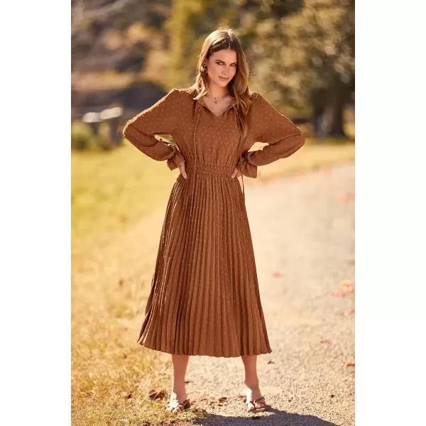imagePRETTYGARDEN Womens 2024 Fall Midi Dress Casual Long Sleeve V Neck Swiss Dot Pleated A Line Flowy DressesBrown