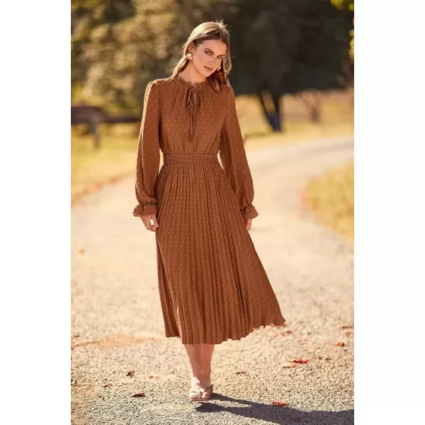 imagePRETTYGARDEN Womens 2024 Fall Midi Dress Casual Long Sleeve V Neck Swiss Dot Pleated A Line Flowy DressesBrown