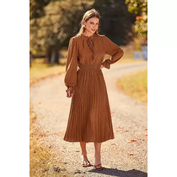 imagePRETTYGARDEN Womens 2024 Fall Midi Dress Casual Long Sleeve V Neck Swiss Dot Pleated A Line Flowy DressesBrown