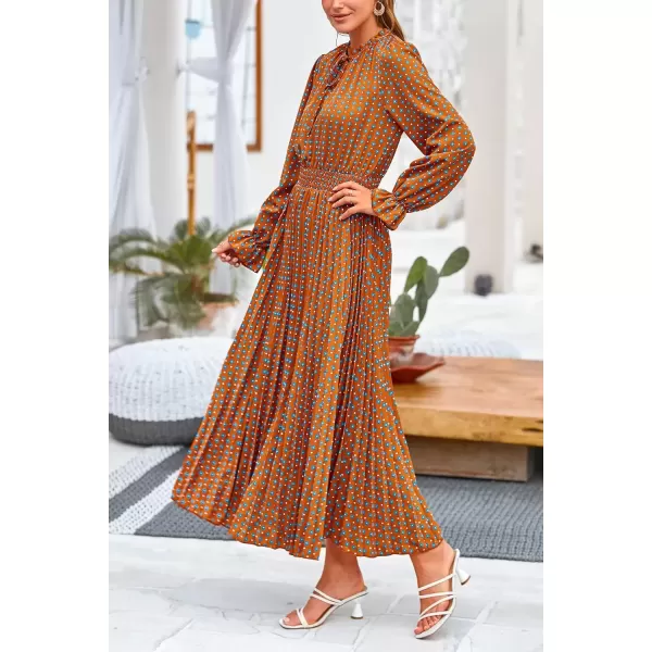 imagePRETTYGARDEN Womens 2024 Fall Midi Dress Casual Long Sleeve V Neck Swiss Dot Pleated A Line Flowy DressesBrown Blue Floral