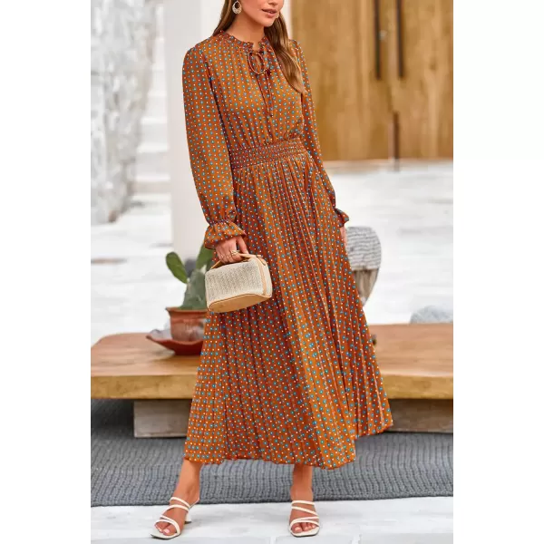 imagePRETTYGARDEN Womens 2024 Fall Midi Dress Casual Long Sleeve V Neck Swiss Dot Pleated A Line Flowy DressesBrown Blue Floral