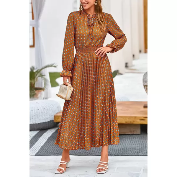 imagePRETTYGARDEN Womens 2024 Fall Midi Dress Casual Long Sleeve V Neck Swiss Dot Pleated A Line Flowy DressesBrown Blue Floral