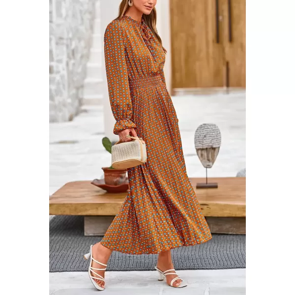 imagePRETTYGARDEN Womens 2024 Fall Midi Dress Casual Long Sleeve V Neck Swiss Dot Pleated A Line Flowy DressesBrown Blue Floral