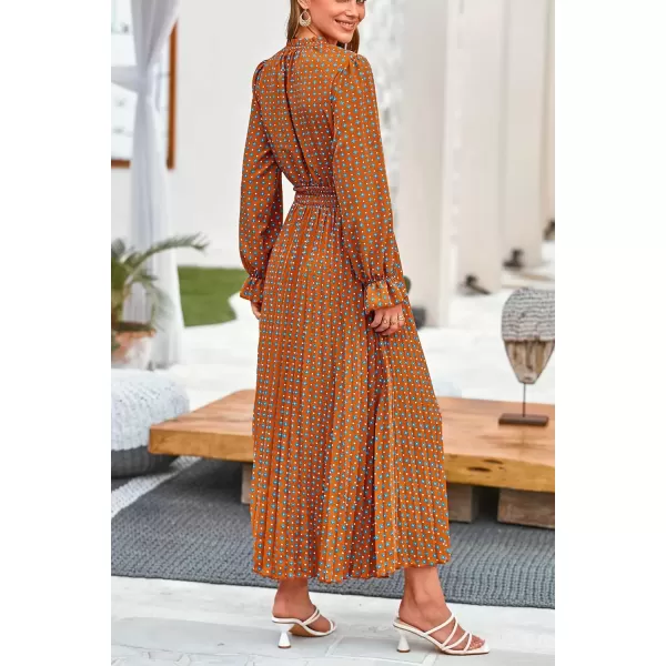 imagePRETTYGARDEN Womens 2024 Fall Midi Dress Casual Long Sleeve V Neck Swiss Dot Pleated A Line Flowy DressesBrown Blue Floral